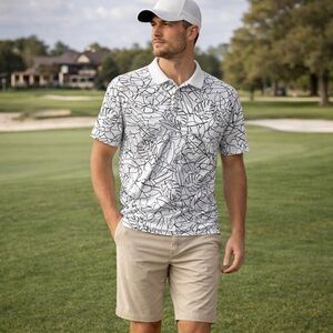 Goodfellow & Co White Black Tropical Leaf Golf Polo Shirt Standard Fit NWT L